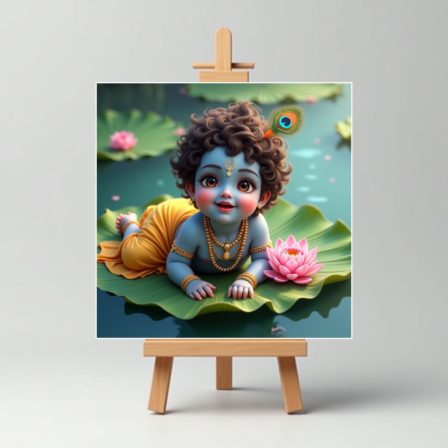 Playing On Lotus Leaf Cute Krishna Mini Painting5