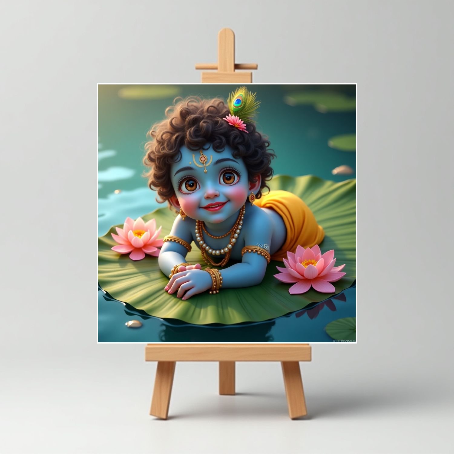 Playing On Lotus Leaf Cute Krishna Mini Painting5