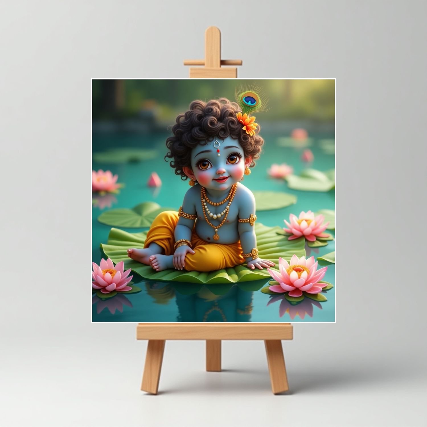 Playing On Lotus Leaf Cute Krishna Mini Painting5