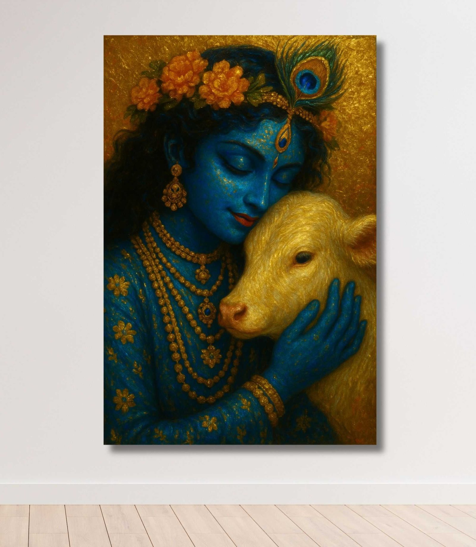 krishna painting with cow on canvas for wall art by kunjcart1