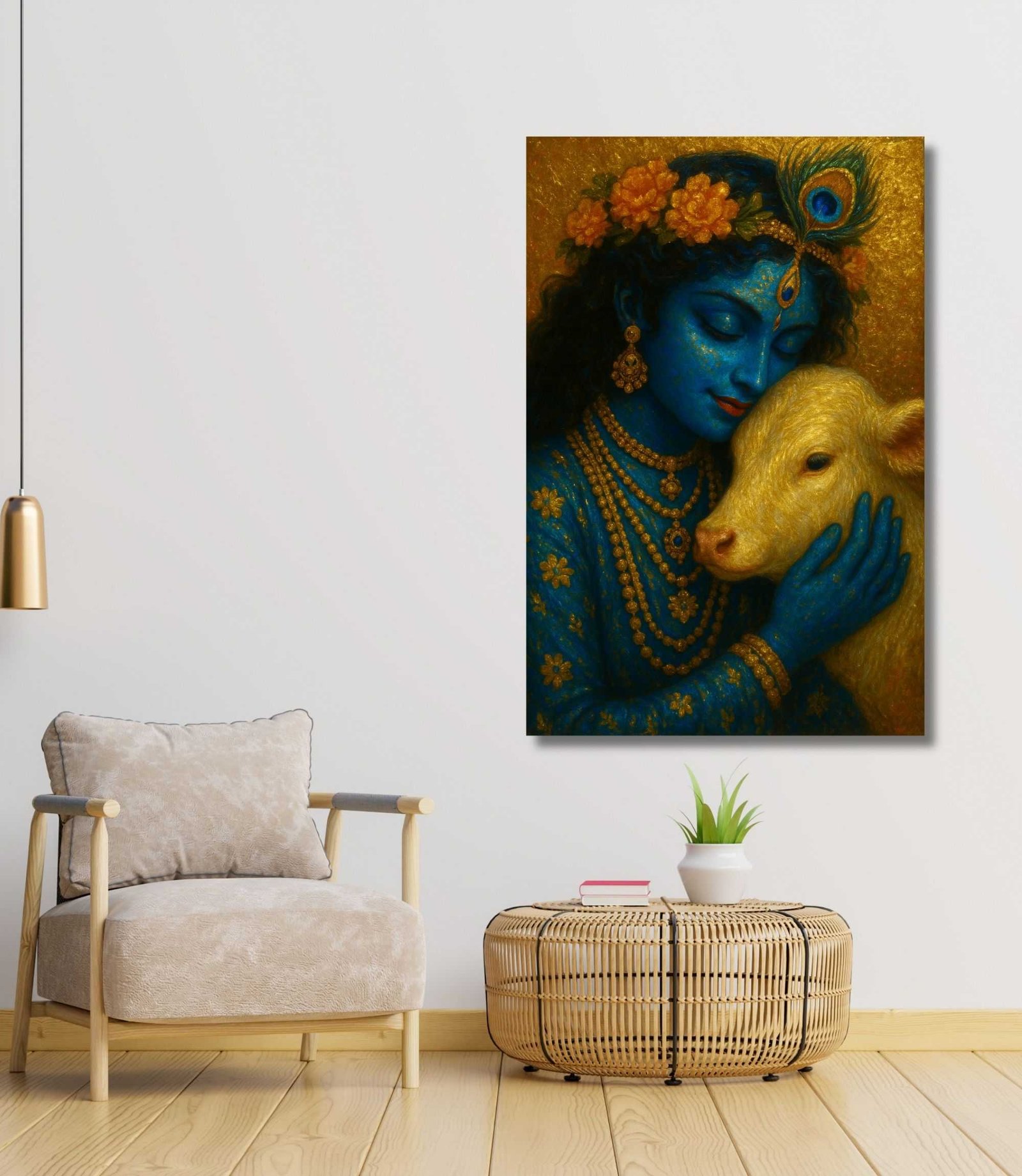 krishna painting with cow on canvas for wall art by kunjcart1
